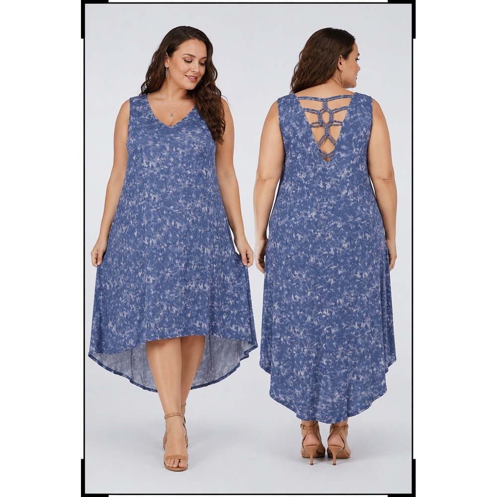 Wms Tie Dye Lattice Neck High Low Maxi Dress 26/28 Blue Boho Livi Lane Bryant